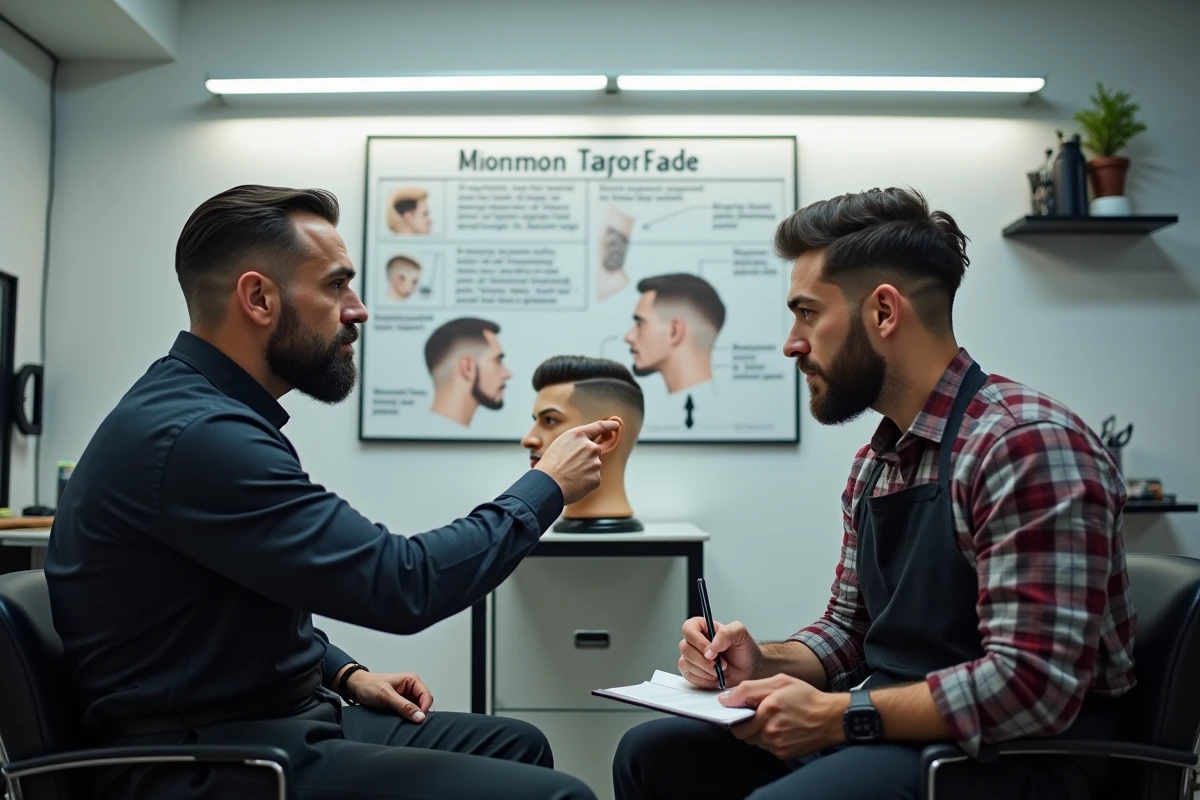 Barbier expérimenté enseignant les erreurs courantes de coupe taper à un apprenti dans un espace de formation professionnel