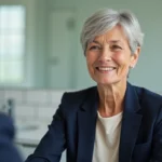 Femme de 60 ans avec une coupe courte et une frange douce sur visage rond, assise devant un miroir de salle de bain