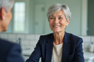 Femme de 60 ans avec une coupe courte et une frange douce sur visage rond, assise devant un miroir de salle de bain