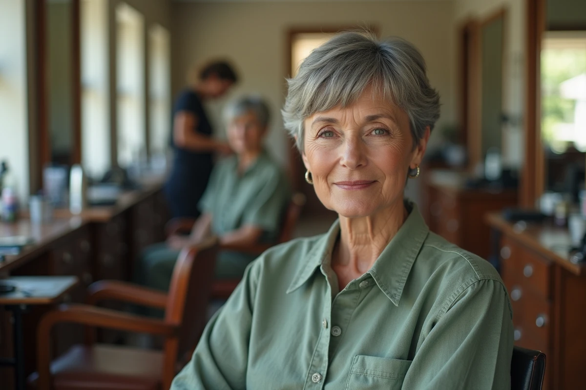 Femme de 60 ans à visage rond avec une frange droite et une coupe courte texturée chez le coiffeur