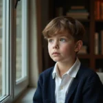 Jeune garçon pensif dans un salon vintage lumineux