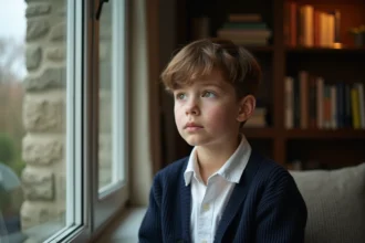 Jeune garçon pensif dans un salon vintage lumineux