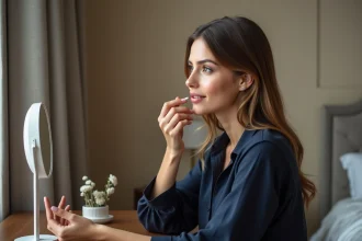 Maquillage éclatant mettant en valeur un regard intense et un sourire radieux