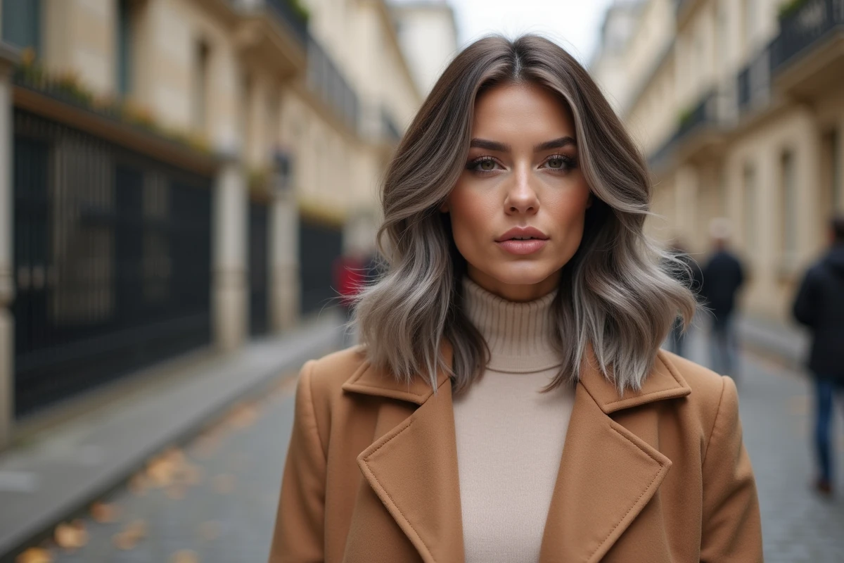 Femme brune aux cheveux ondulés avec un grey blending naturel dans une rue parisienne en automne, look tendance capillaire 2026