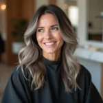 Femme brune aux reflets gris naturels en cours de consultation dans un salon de coiffure moderne, technique de grey blending visible sur les racines et les tempes