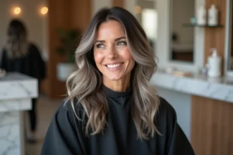 Femme brune aux reflets gris naturels en cours de consultation dans un salon de coiffure moderne, technique de grey blending visible sur les racines et les tempes