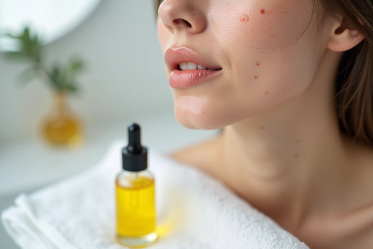 Gros plan sur une peau grasse et congestionnée avec pores dilatés et bouteille d'huile d'olive posée sur une serviette blanche