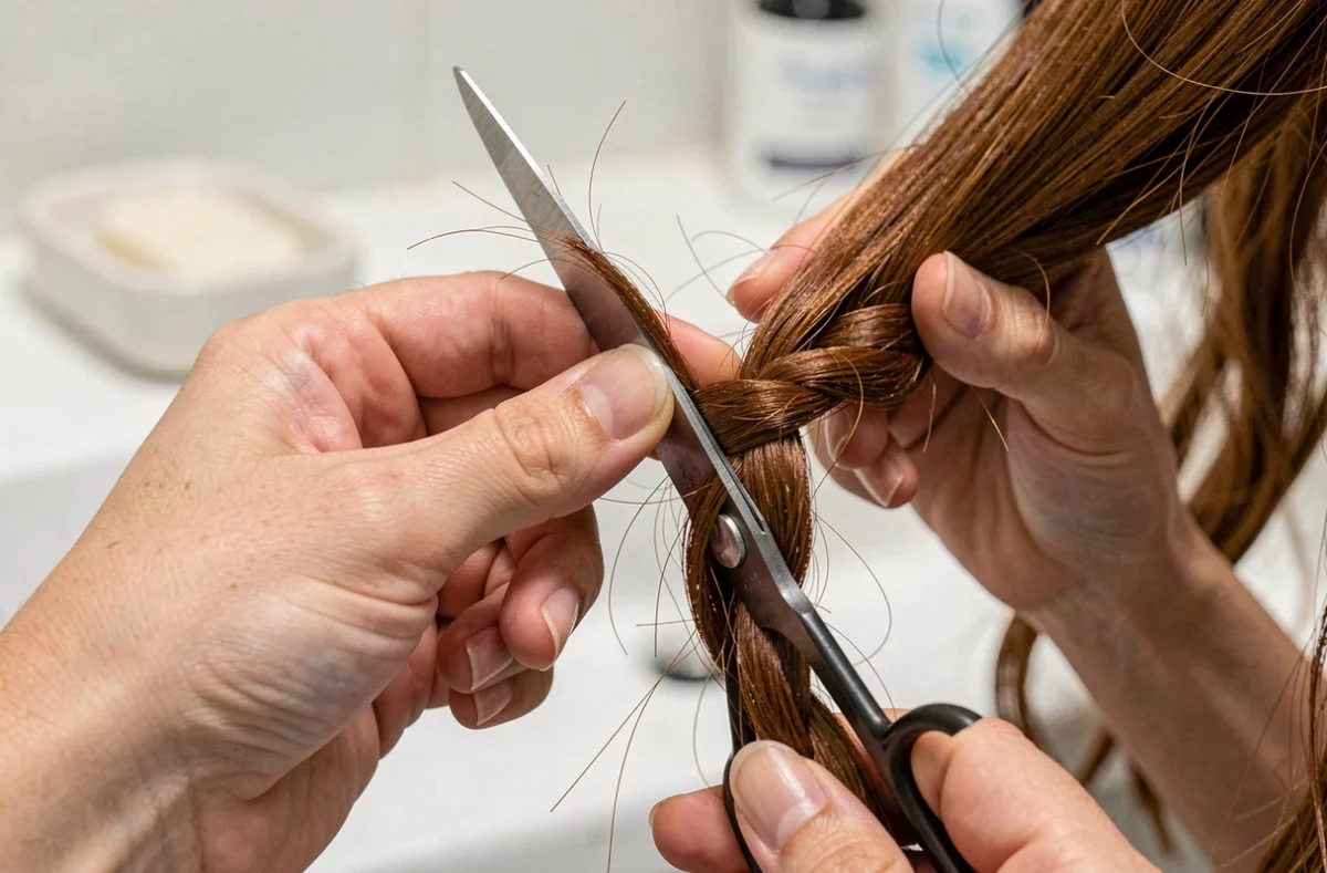 Gros plan sur les mains tenant une torsade de cheveux et des ciseaux pour couper les pointes à la maison