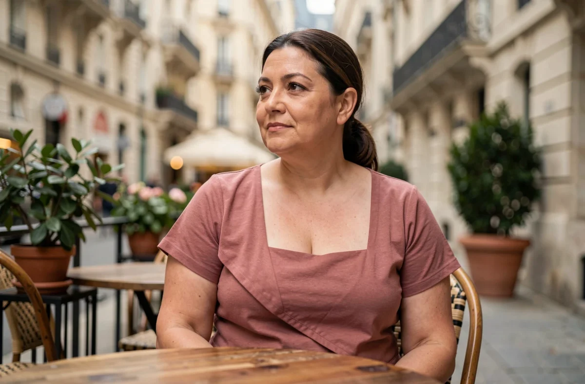 Femme aux joues rondes en haut décolleté carré déstructuré rose poudré assise à une terrasse de café parisienne