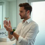 Homme analysant un flacon de parfum Zara dupe sur un comptoir en marbre dans une salle de bain moderne