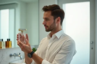 Homme analysant un flacon de parfum Zara dupe sur un comptoir en marbre dans une salle de bain moderne