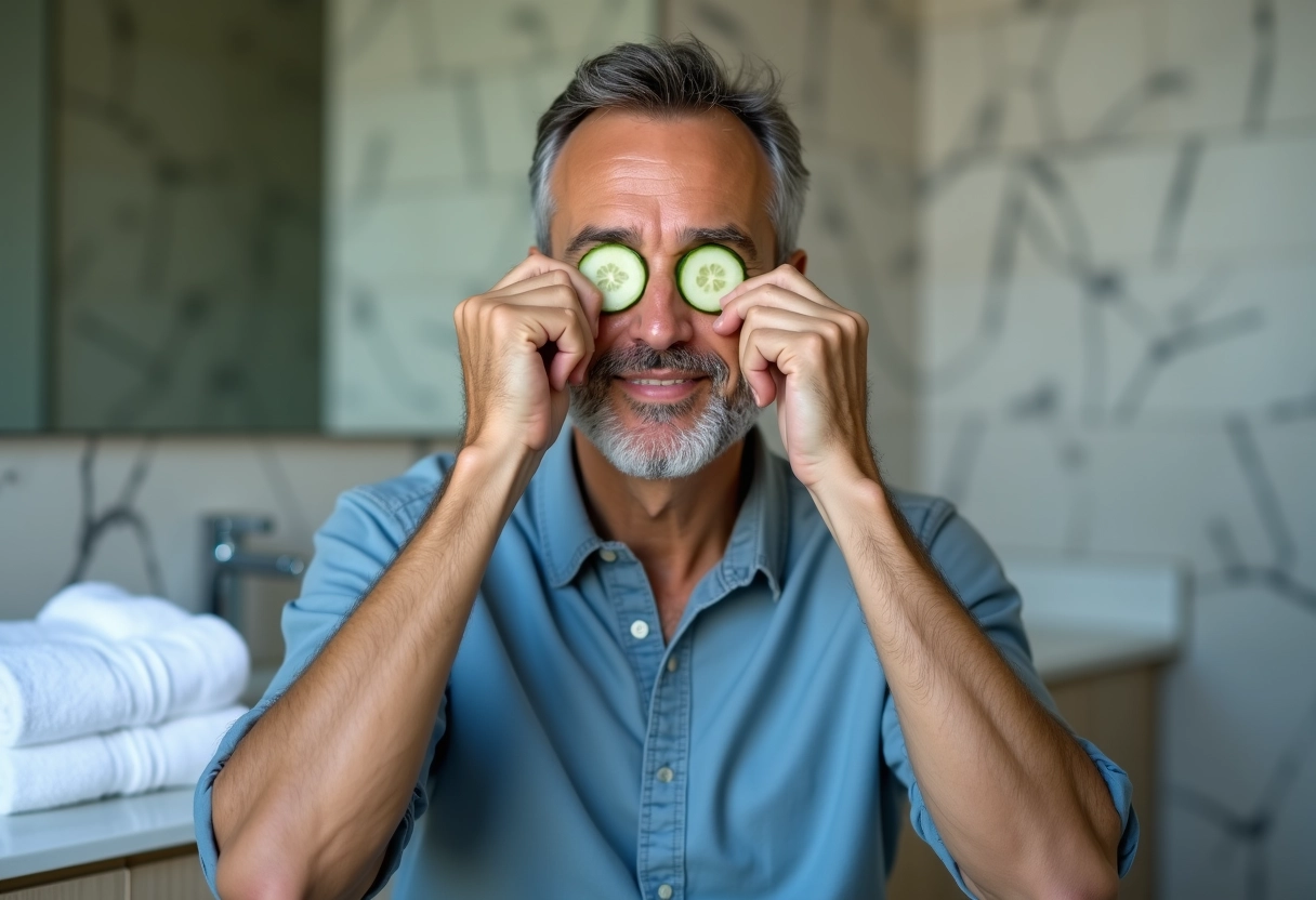 Homme posant tranches de concombre sous les yeux