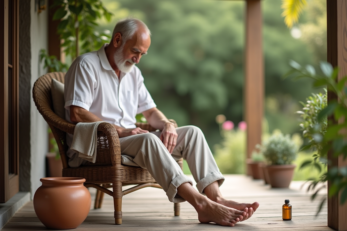 Homme âgé appliquant des huiles essentielles à ses pieds en extérieur