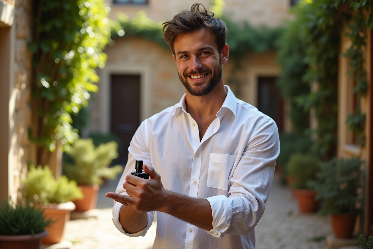 Homme appliquant du parfum en extérieur dans un jardin