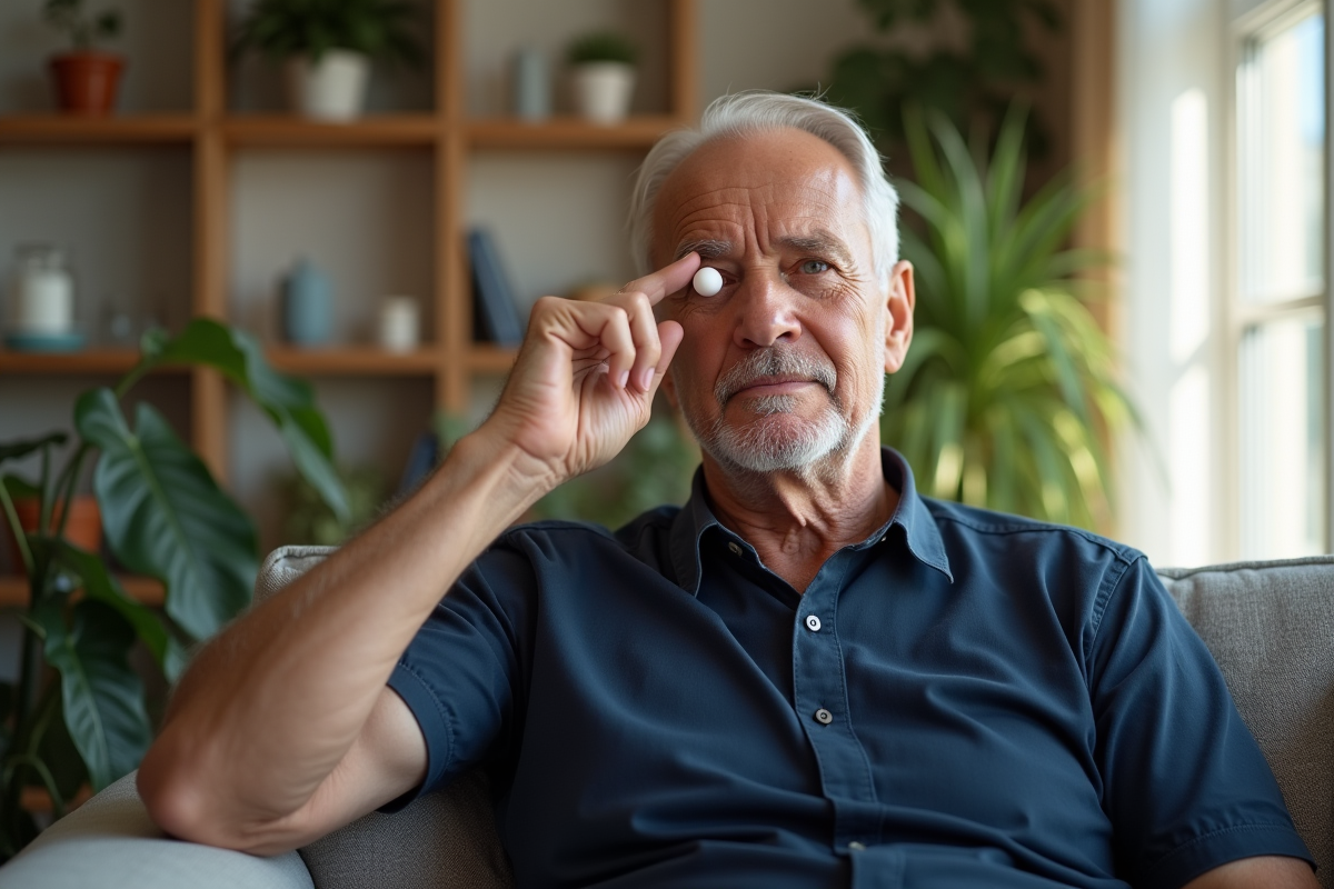 Homme appliquant une creme sous les yeux dans un salon lumineux