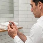 Homme appliquant un parfum Lidl sur son poignet devant un miroir de salle de bain moderne
