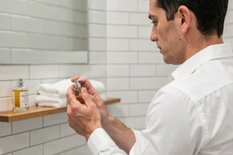 Homme appliquant un parfum Lidl sur son poignet devant un miroir de salle de bain moderne
