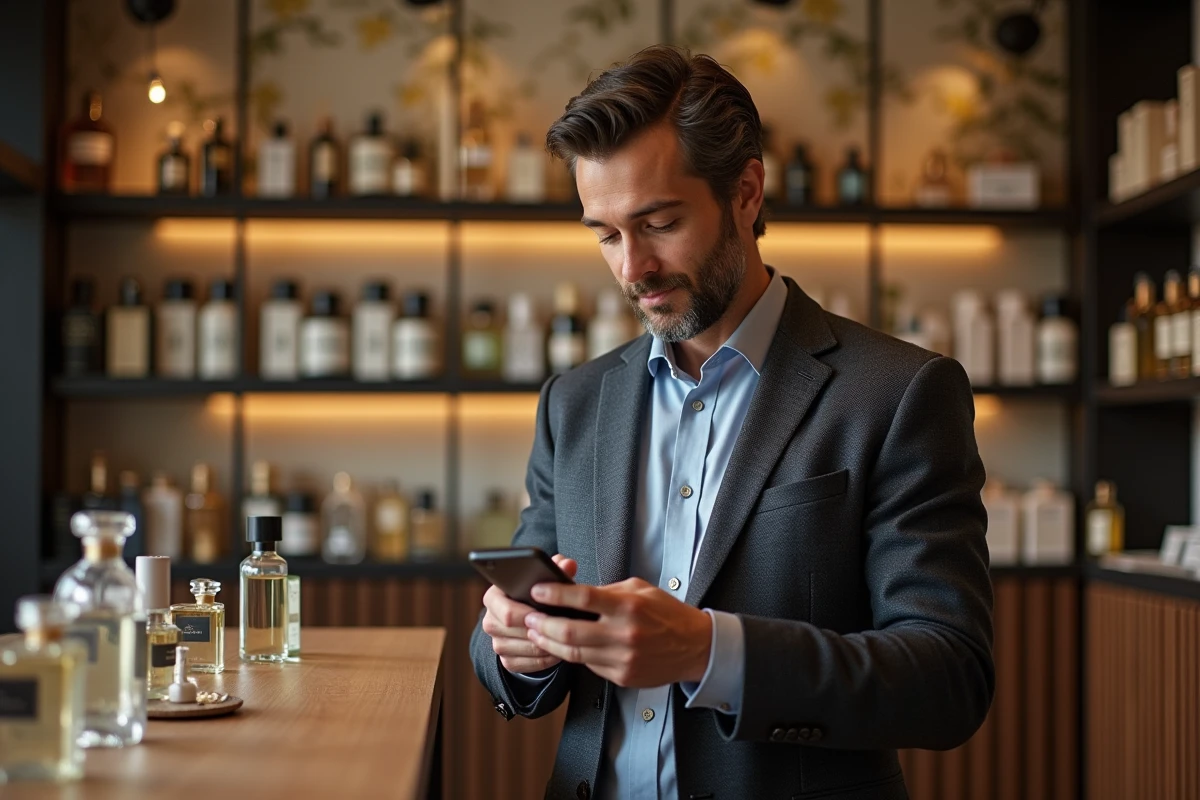 Homme en boutique parfum tenant une bouteille et utilisant son smartphone