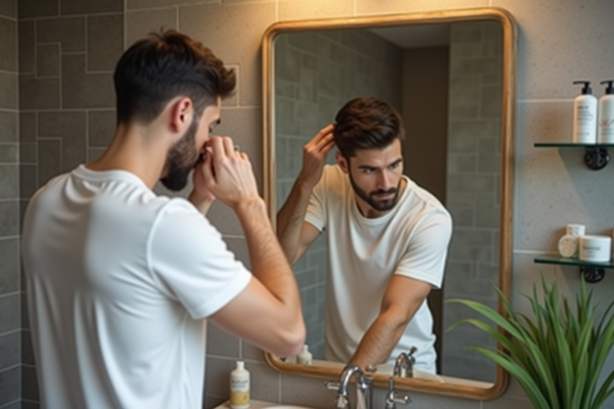 Homme se brossant les cheveux devant le miroir de la salle de bain