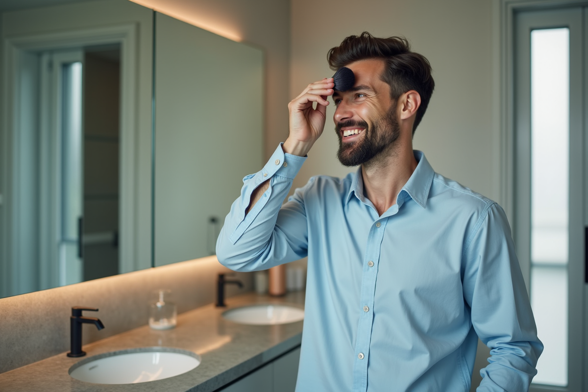 Homme se poudrant le visage dans une salle de bain moderne
