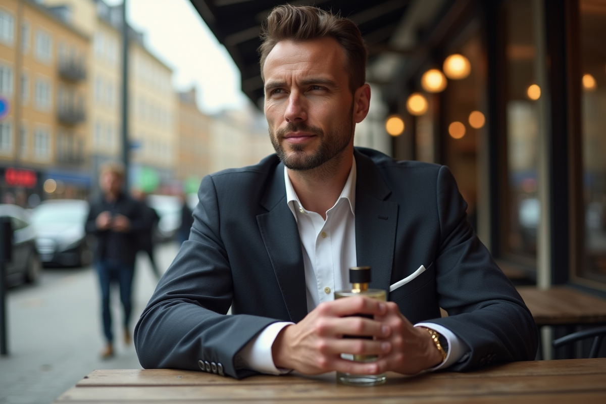 Homme en costume tenant un flacon de parfum dans un café urbain