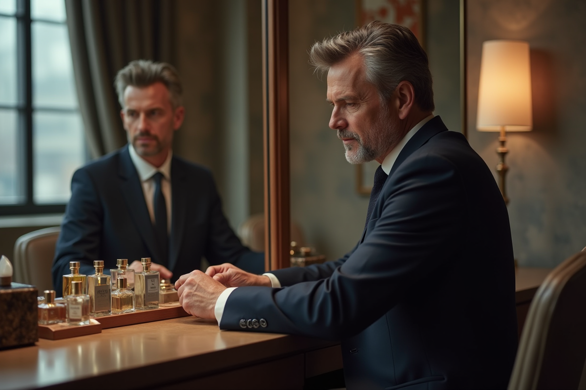 Célibataire homme en costume examinant des parfums dans un salon
