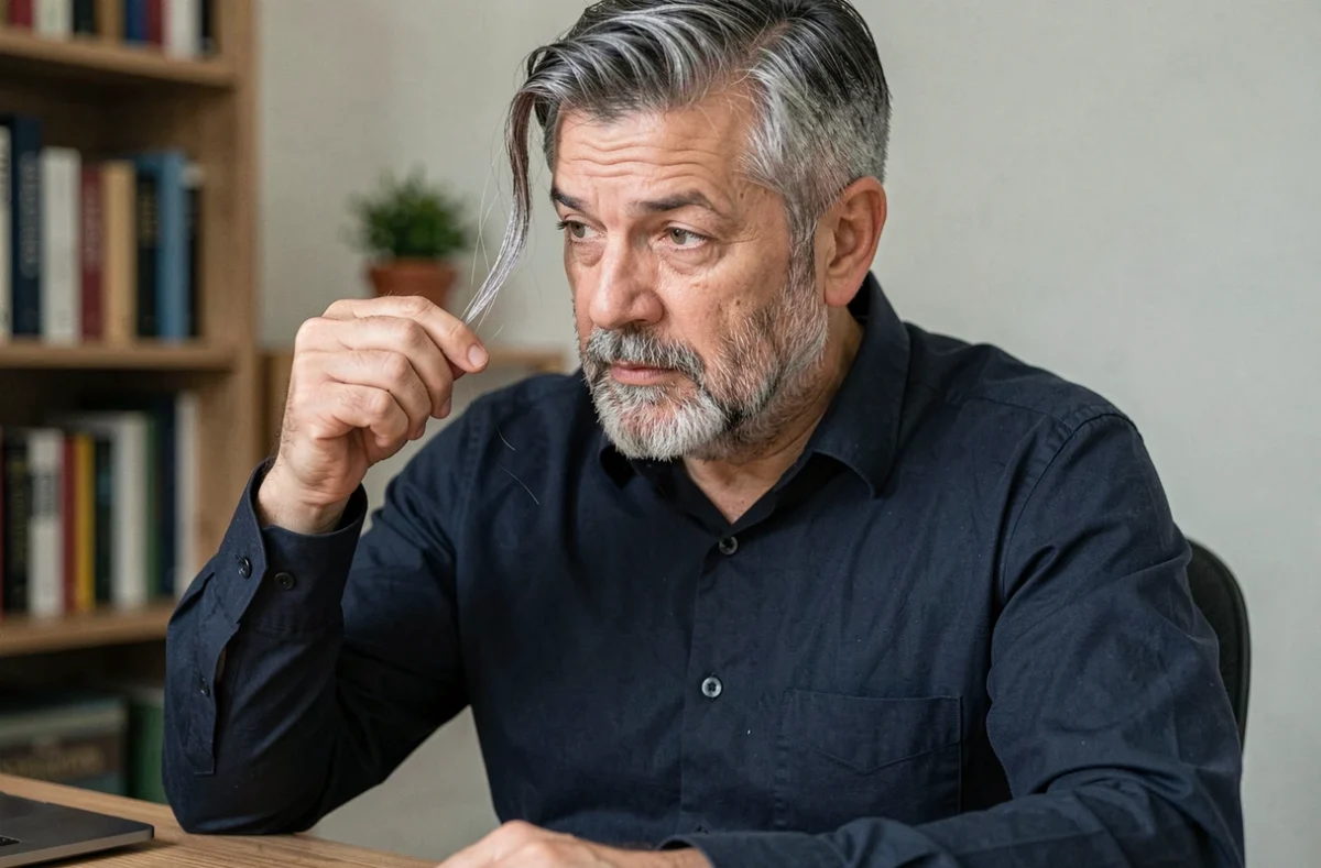 Homme de 45 ans aux cheveux poivre et sel examinant ses cheveux gris dans un bureau à domicile