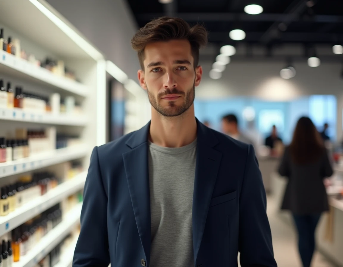 Jeune homme élégant en blazer marine choisissant un parfum dupe en rayon dans une boutique de cosmétiques moderne