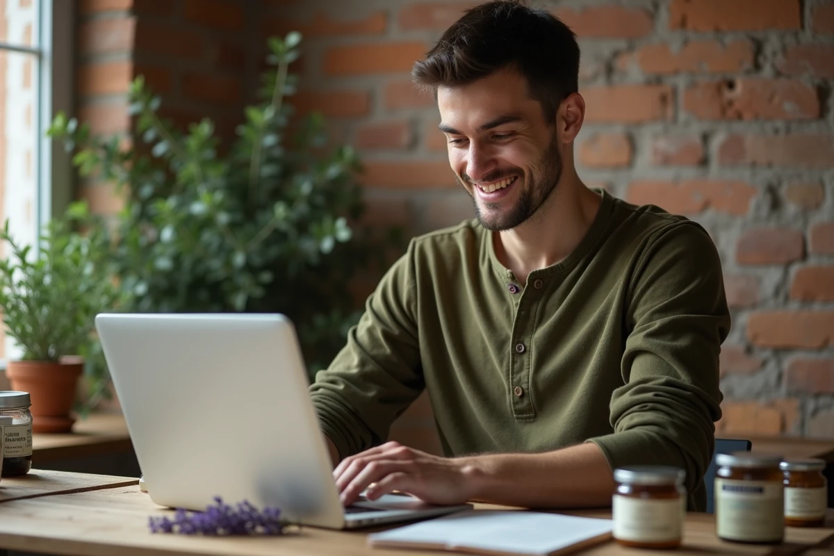 Homme utilisant un code promo en ligne sur ordinateur portable entouré de produits naturels sur un bureau