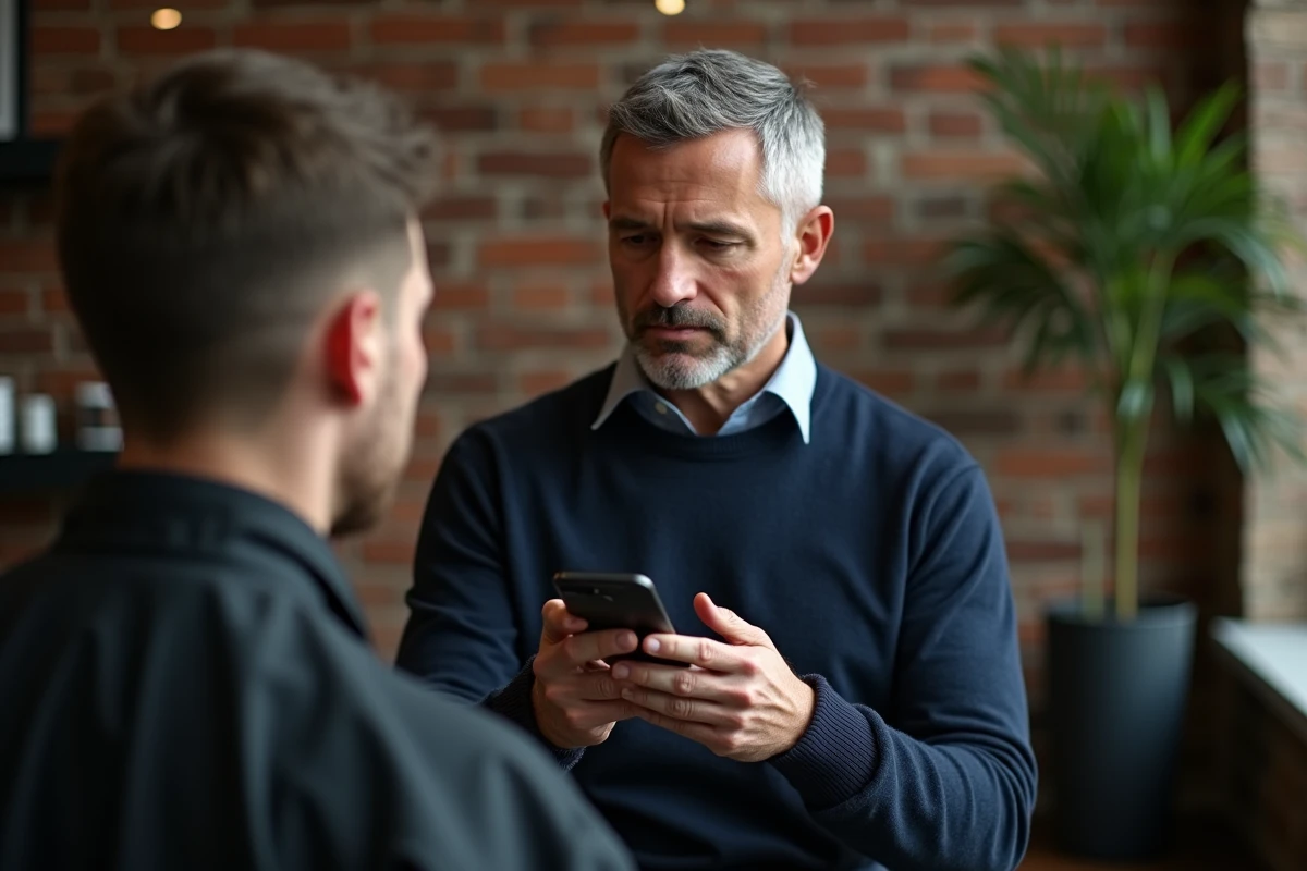 Homme montrant une photo de coiffure à son styliste