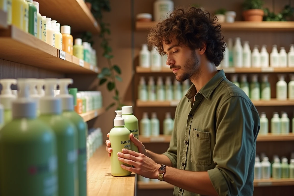 Homme comparant des shampoings sans silicone dans un magasin de cosmétiques naturels