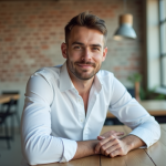 Homme confiant dans un loft moderne avec vue urbaine
