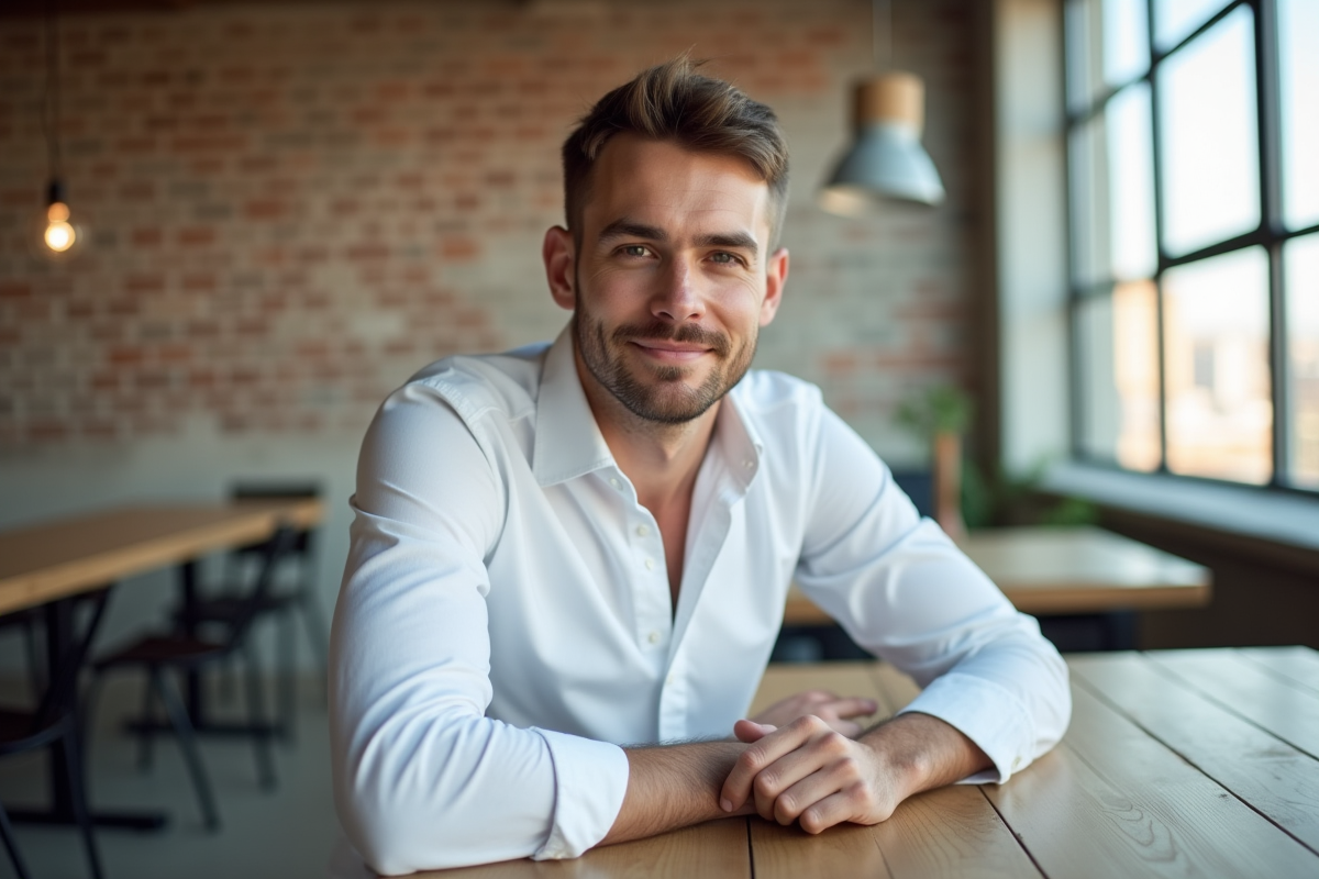 Homme confiant dans un loft moderne avec vue urbaine