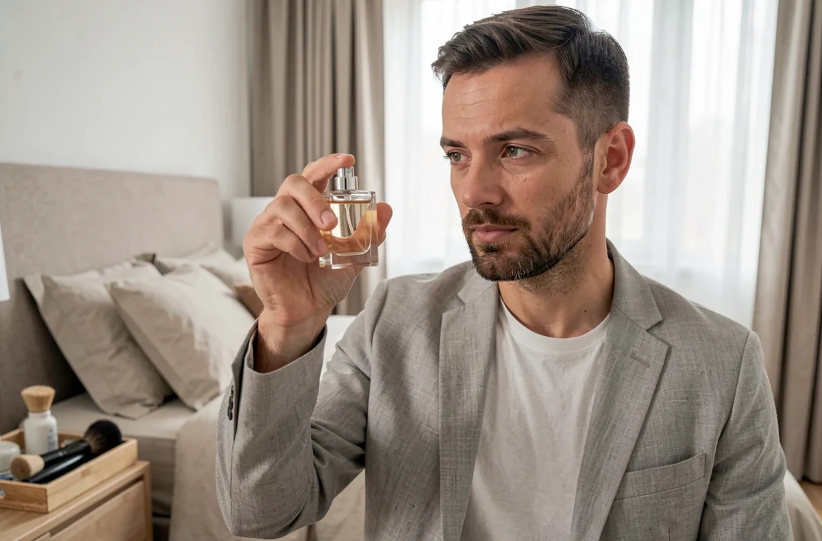 Homme examinant un flacon de parfum Lidl dans une chambre moderne au style épuré