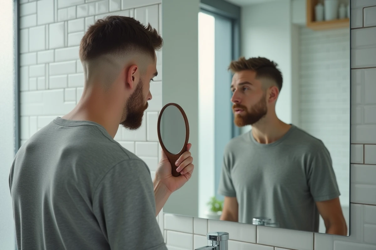 Homme inspectant une ligne de dégradé mal fondue dans sa coupe taper devant un miroir de salle de bain