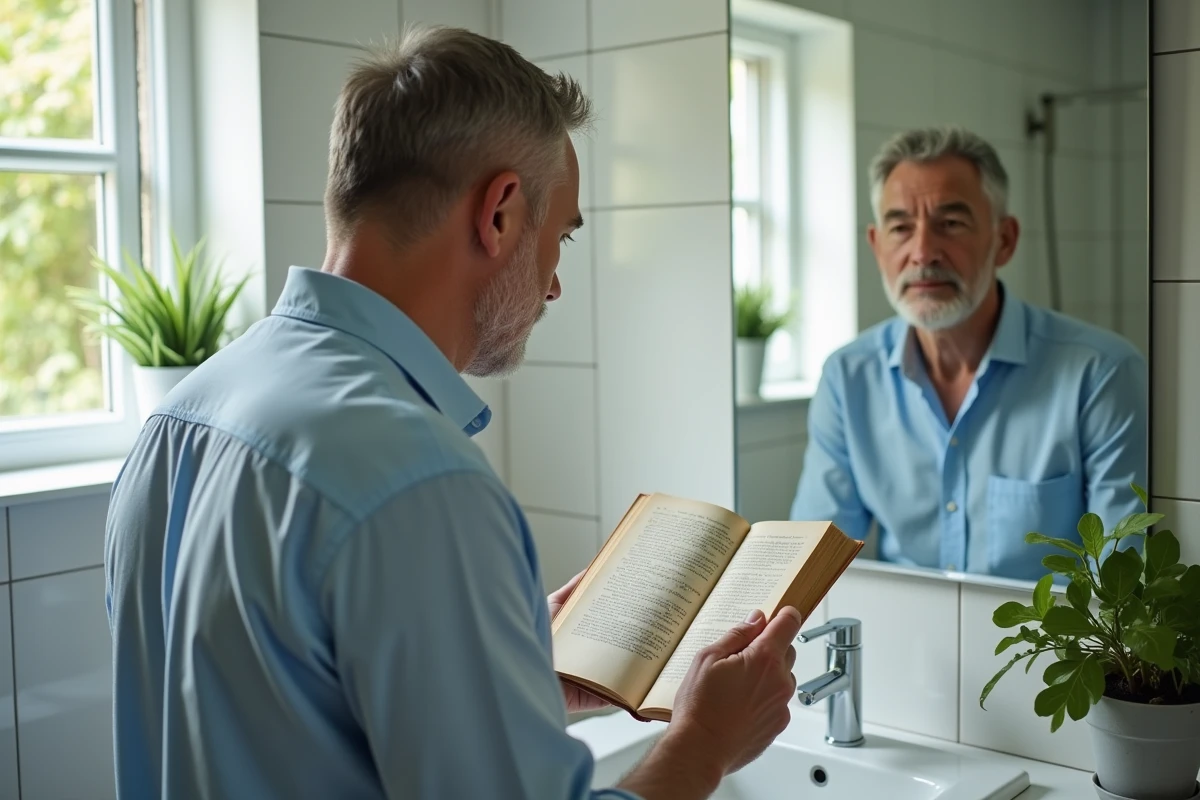 Homme lisant un livre de remèdes herbacés dans la salle de bain