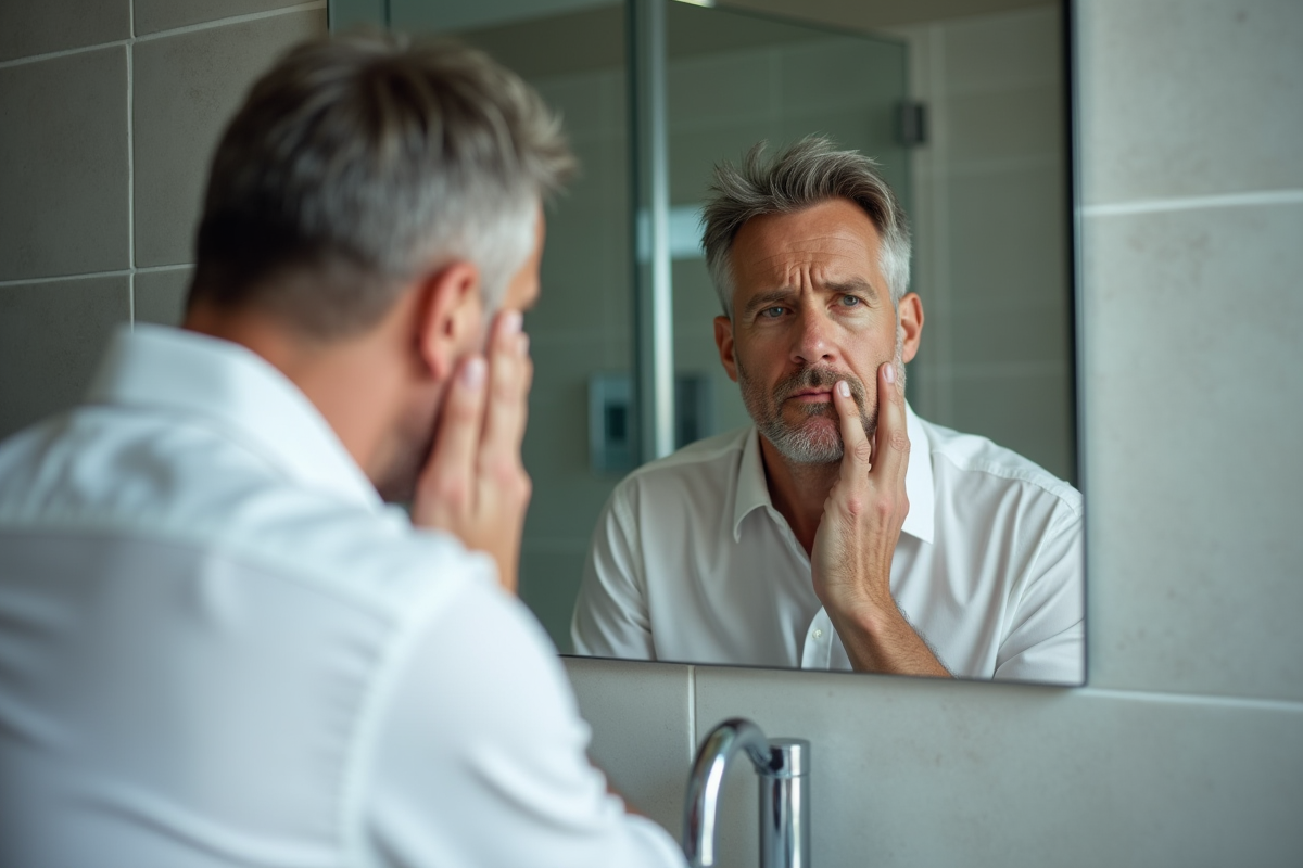 Homme regardant son reflet dans un miroir de salle de bain