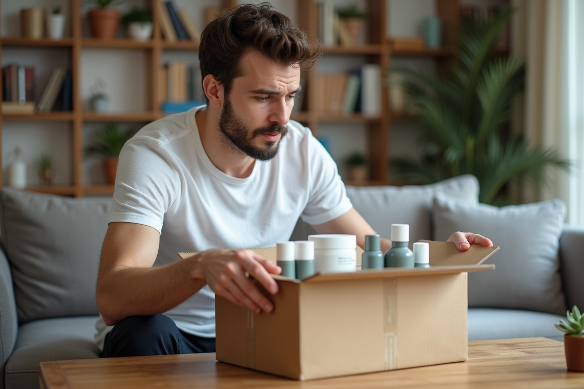 Homme découvrant un colis de produits de beauté dans le salon