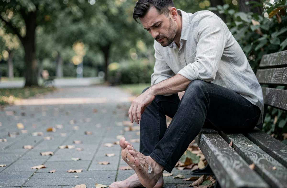 Homme assis sur un banc examinant ses pieds avec une peau sèche et des peaux mortes tenaces sur les talons