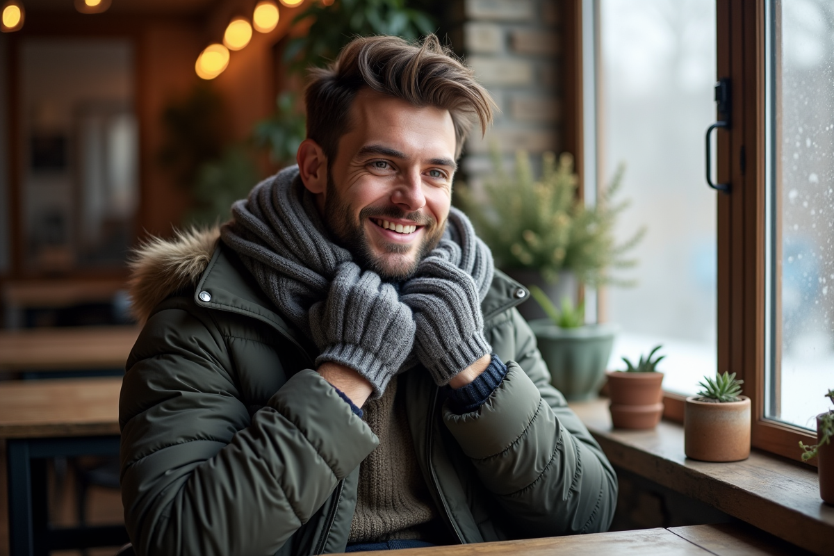 Homme en intérieur ajustant une écharpe chaude