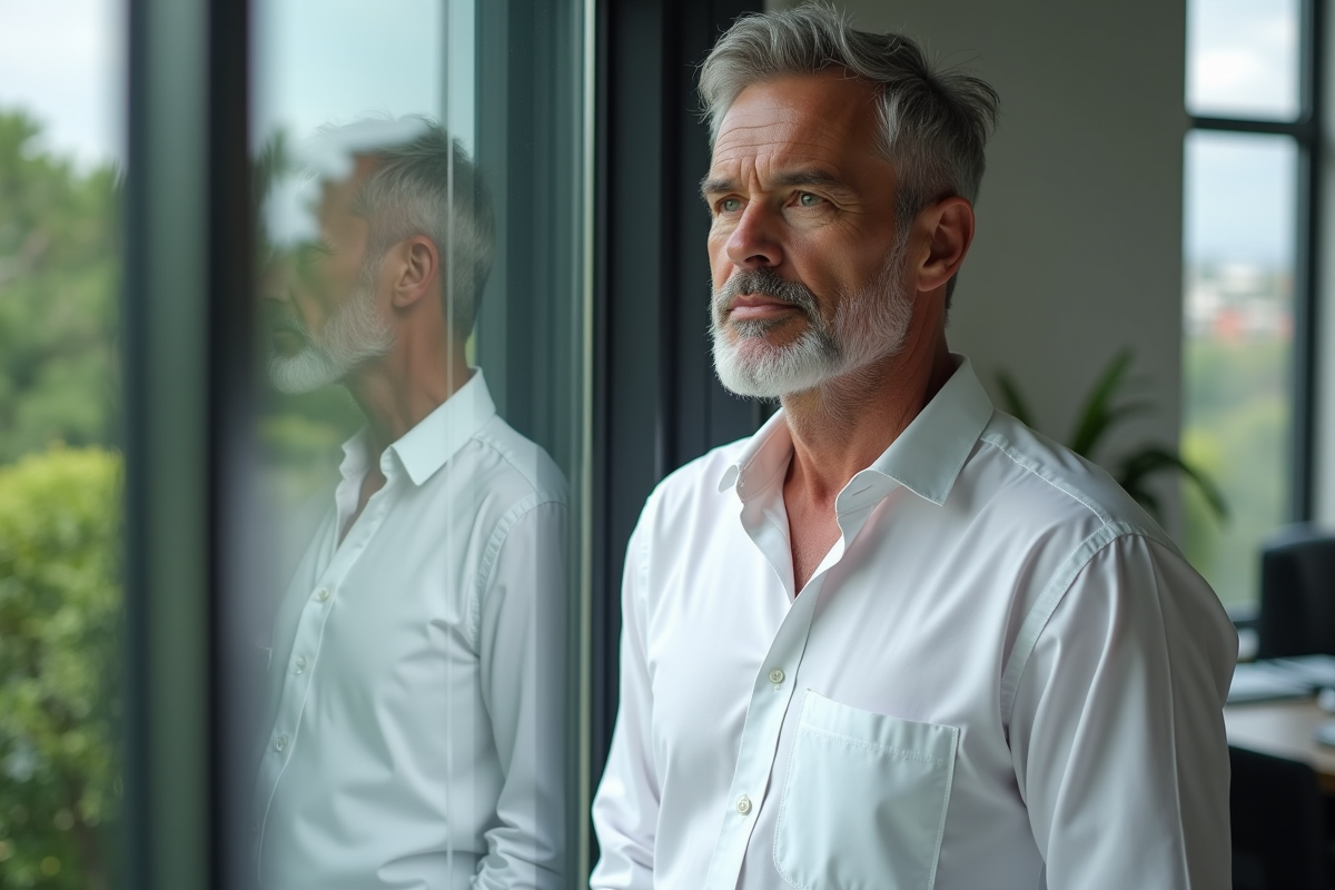 Homme pensif regardant par la fenêtre dans un cadre naturel