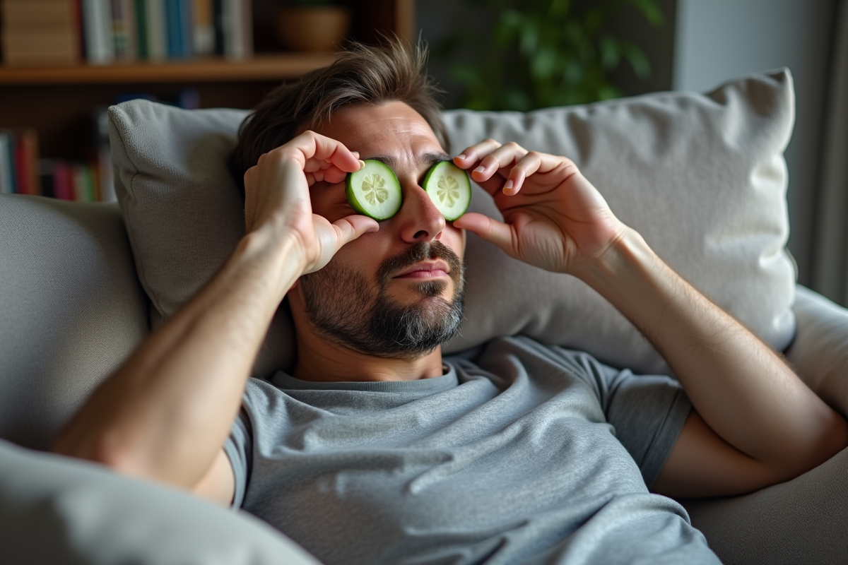Homme relaxant avec des tranches de concombre sous les yeux