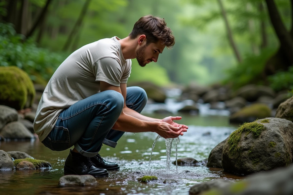 Homme rinçant ses mains dans une rivière en forêt