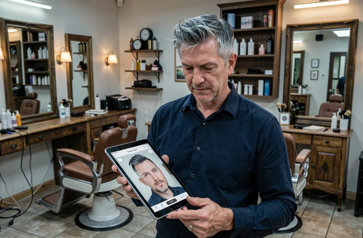 Homme dans un salon de coiffure utilisant une application de simulation de coupe sur tablette numérique