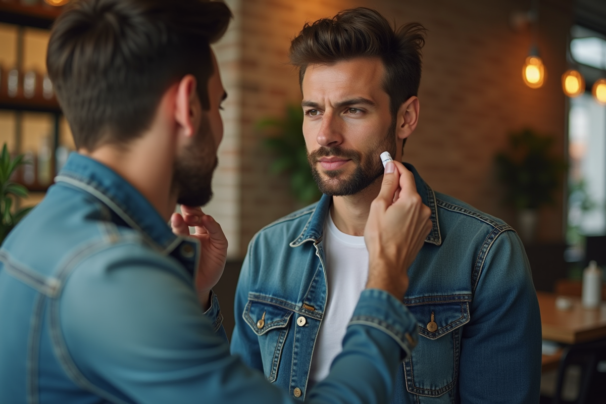 Homme en denim se maquillant dans un café urbain