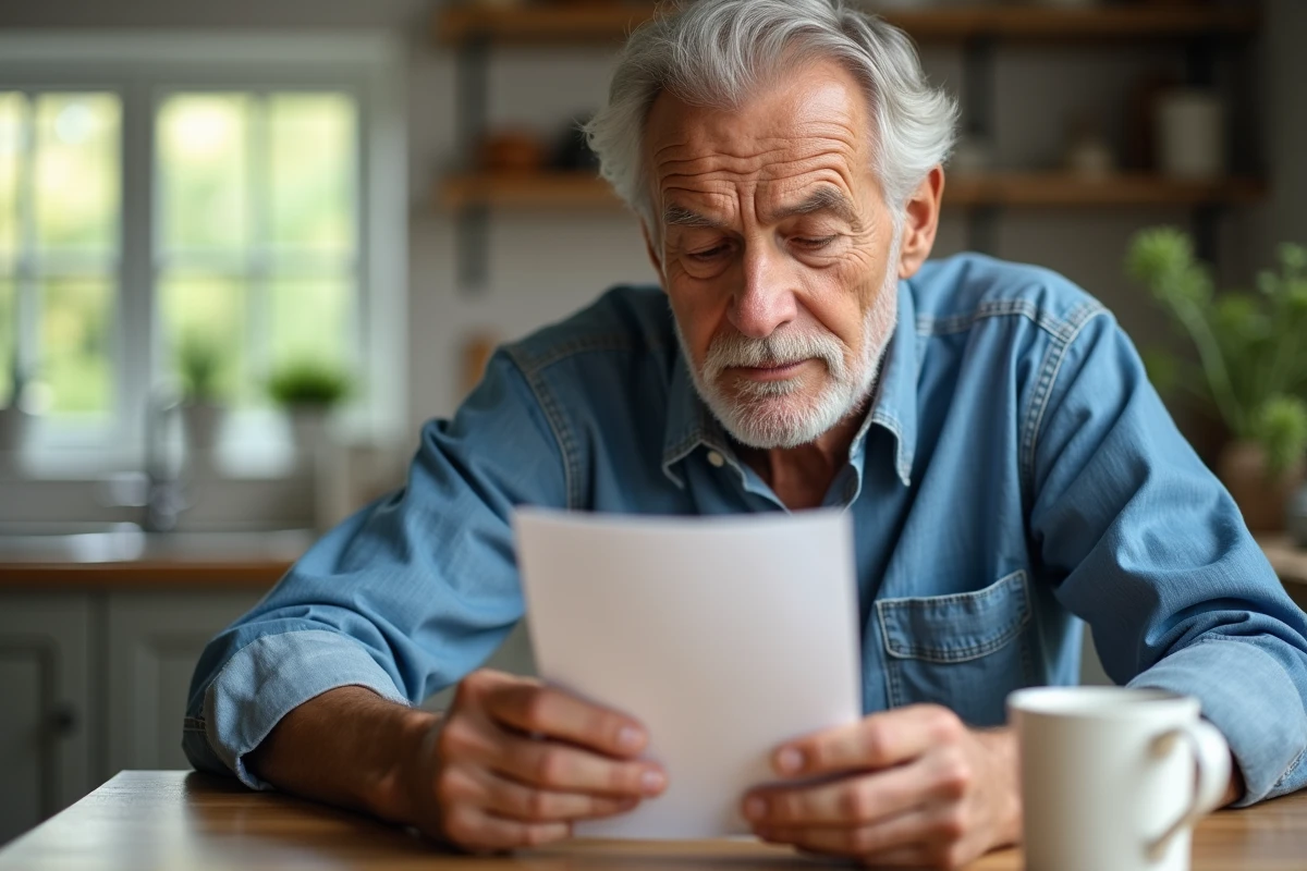 Homme âgé lisant instructions de soin dans sa cuisine