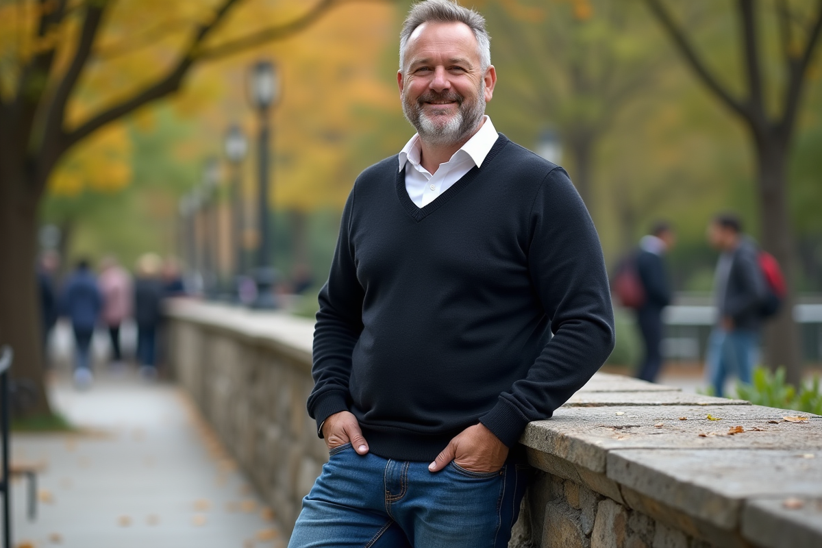 Homme souriant en extérieur dans un parc urbain