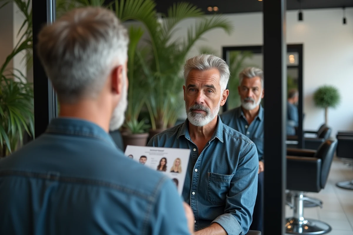Homme regardant son reflet en salon avec un coloriste