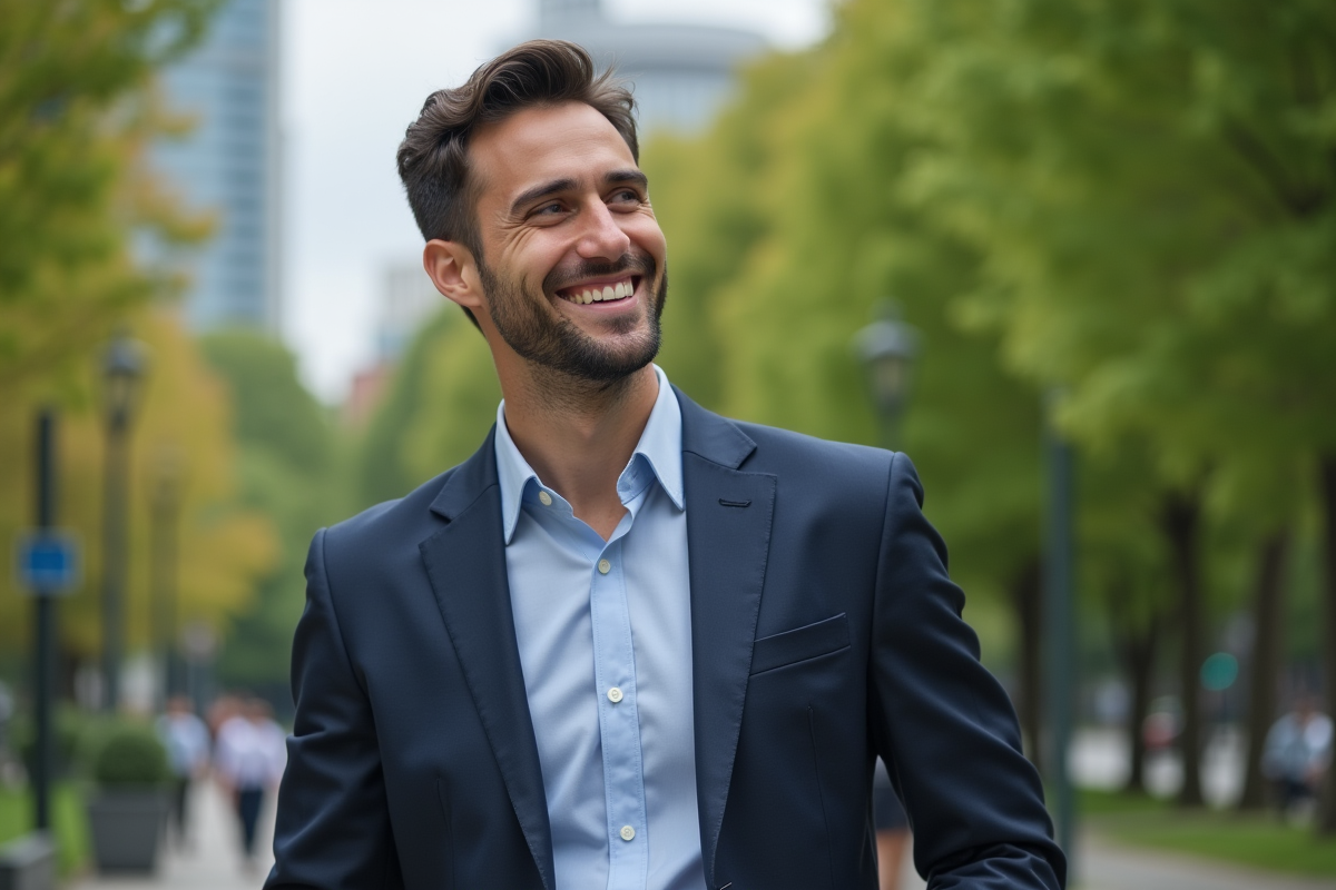 Homme en costume dans un parc urbain avec arbres verts