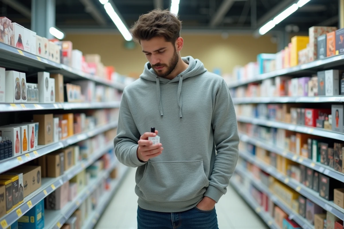 Jeune homme examinant un parfum en supermarche